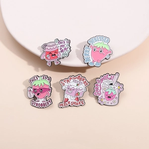 5-piece cute cartoon strawberry enamel pins set with fun quotes for fruit lovers