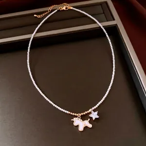18K gold plated pearl necklace with shell unicorn pendant and star zircon charm