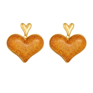 Gold-plated stainless steel heart earrings with sparkling orange glitter heart pendants