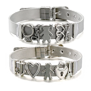Mesh stainless steel watch-strap bracelets with diverse charms like hearts and Eiffels