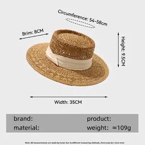 Chapeau plat en paille beige avec ruban, bord de 8 cm de large, paille de papier respirante