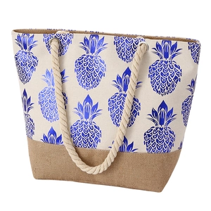 Canvas tote bag with blue pineapple print, jute base and thick cotton rope handles