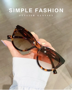 Close-up of tortoise shell cat-eye sunglasses with stylish gradient brown lenses