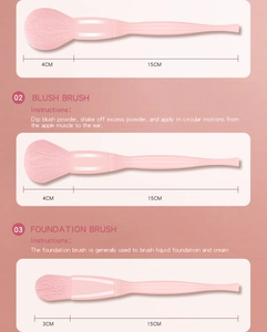 Detailed size specifications for pink 15cm blush and foundation makeup brushes