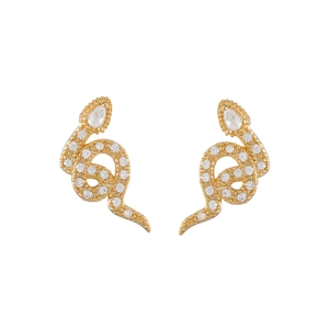 Luxurious gold-plated snake earrings with sparkling crystals and a drop-shaped diamond head
