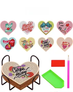 Lot de 8 dessous de verre DIY peinture diamant cœur avec support et kit d'outils
