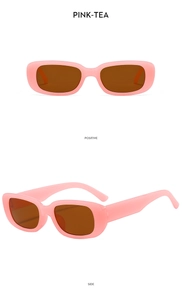 Detailed view of pink square sunglasses with tea lenses showing front and side angles