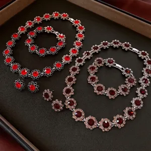 Vintage Alloy Rhinestone Flower Jewelry For Women Elegant Luxury Zircon Necklace Bracelet And Earrings Accessory