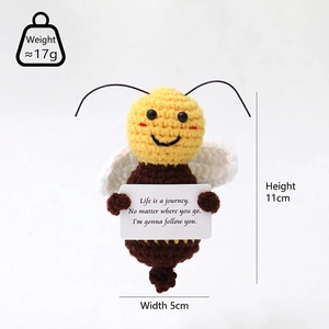 Handmade crochet honey bee doll variant holding a card, 11cm height size display