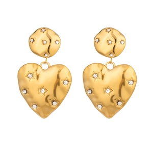 18k gold-plated heart drop earrings with hammered texture and shimmering crystals