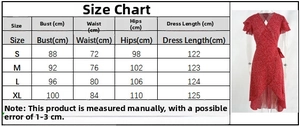 Comprehensive size chart for polka dot ruffle wrap dress showing S to XL measurements