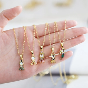 Cartoon Princess Doll Pendant Necklace Copper Gold Plated With Colorful Zircon Crystal Fairy Tale Jewelry For Girls
