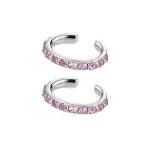 Detail view of silver ear cuff earrings featuring vibrant pink-purple zircon stones