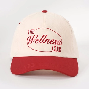 Retro Wellness embroidered baseball cap in cream and red, adjustable sun hat for women