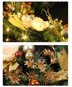 Detalle de guirnalda navideña con adornos dorados y luces LED cálidas en agujas de pino