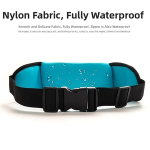 Close-up of sky blue waterproof running belt showing nylon fabric and sealed zipper