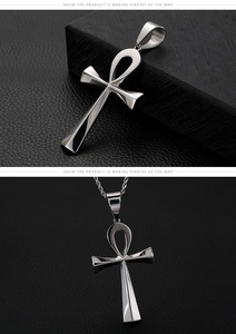 Detailed view of silver stainless steel Ankh cross pendant with polished finish
