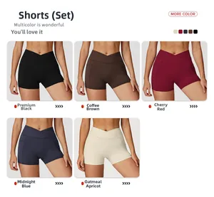 Close-up of high-waist yoga shorts in five colors with side pockets and crisscross design