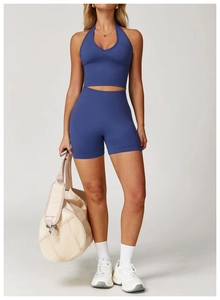 Ensemble de yoga sans couture bleu marine avec taille côtelée et accessoires de fitness