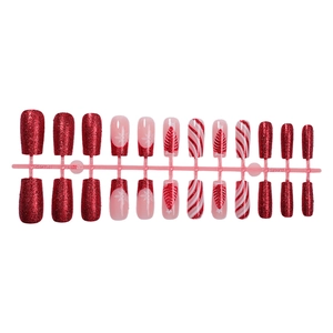 Red glitter press-on nails with Christmas tree and snowflake patterns, 24-piece set