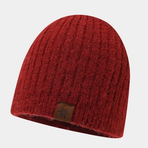 Winter rib-knit beanie in burgundy featuring a brown leather snowflake patch on white background