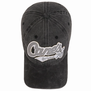 Vintage dark grey washed cotton baseball cap with retro embroidered patch and adjustable strap