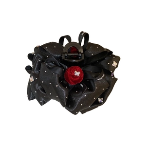 Elegant black fabric bow hair claw with red velvet flower and sparkling rhinestone butterfly