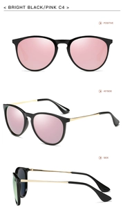 Black cat-eye sunglasses with pink lenses and gold metal temples in three perspectives