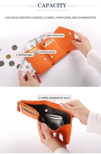 Detail of orange pebble leather wallet interior showing 6 card slots and zipper pocket