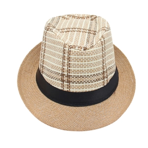 Summer Trilby straw hat featuring a two-tone weave pattern and black ribbon band decor