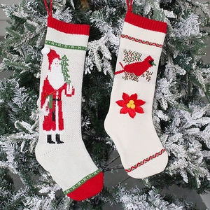 Christmas Stockings Knitted Hanging Gift Bags Candy Holders Festive Tree Decor Santa Claus Bird Poinsettia Floral Design