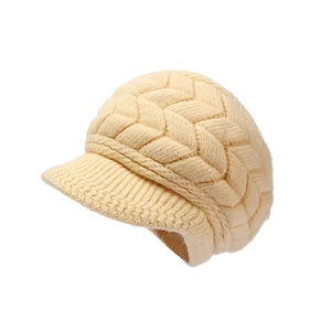 Basco invernale beige in maglia a trecce per donna con tesa e fodera calda