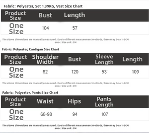 Detailed size chart for women's three-piece cardigan vest and pants knit set