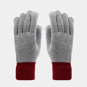 Close-up of gray knitted gloves with touchscreen-compatible fingertips and ribbed cuffs