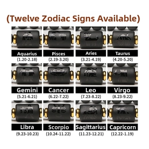 Detailed grid showing 12 zodiac bracelets with matte black beads and gold dividers