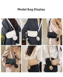Detail view of woven leather crossbody bags with wide straps and detachable coin purses