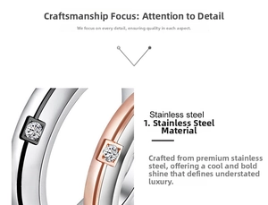 Detail of silver-black and rose gold stainless steel rings with round zircon inlay