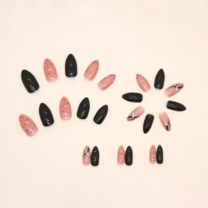 Minimalist almond press-on nails with irregular polka dots and artistic line patterns