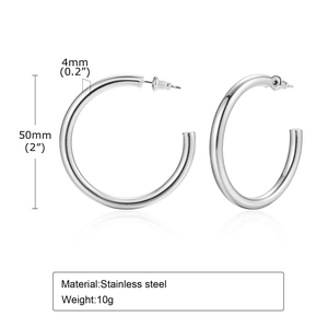 50mm large silver stainless steel hoop earrings for women with 4mm tube thickness
