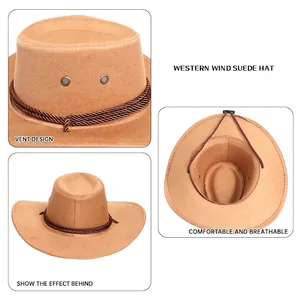 Chapeau de cowboy marron en suédine avec cordon tressé et œillets de ventilation en métal