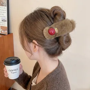 Brown plush hair claw with Lucky charm and red bead for women's winter hairstyles