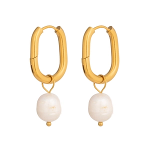Elegant 18K gold plated U-shaped hoop earrings with natural freshwater pearl pendants