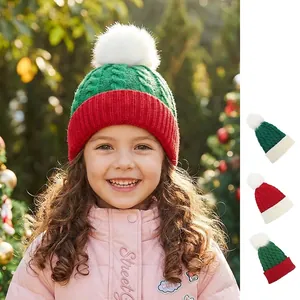 Kids Christmas Knit Hat Warm Thick Cable Knitted Winter Beanie With Faux Fur Pom Pom For Toddler Boys Girls Holiday