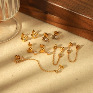 Stainless Steel Flower Heart Tassel Drop Stud Earrings 18K Gold Plated Cubic Zirconia Elegant Ins Style Jewelry For Women
