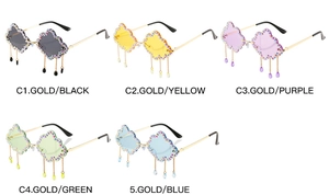Cloud-shaped sunglasses with colorful rhinestones and teardrop pendants in five colors