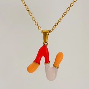 Golden balloon style letter N pendant necklace with vibrant multi-color enamel finish