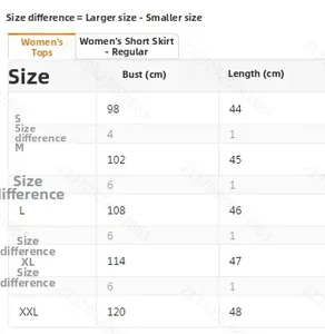 Size chart for floral print top and skirt set showing bust and length measurements