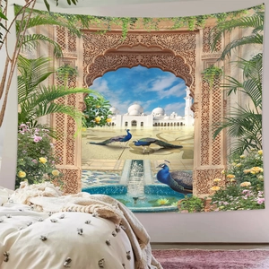 Bedroom wall decor tapestry with Islamic arch architecture, peacock and floral patterns