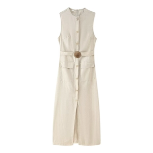 Elegante abito utility beige senza maniche con cintura e fibbia in legno effetto cotone lino