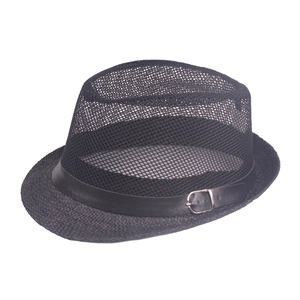 Men's breathable black mesh fedora hat with a leather decorative band and silver buckle